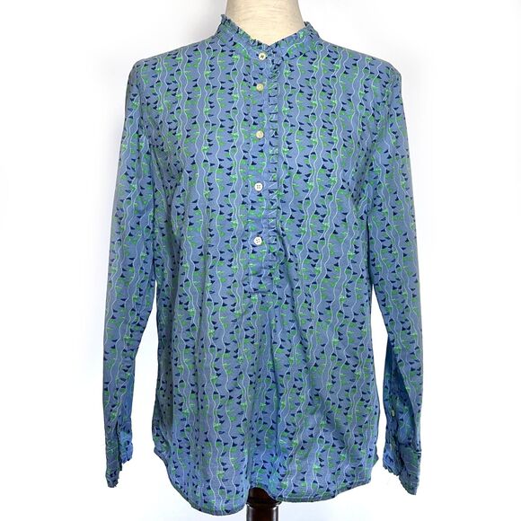 Talbots Women's Blue Cotton Ruffle Neck Popover Top Medium - Picture 1 of 7